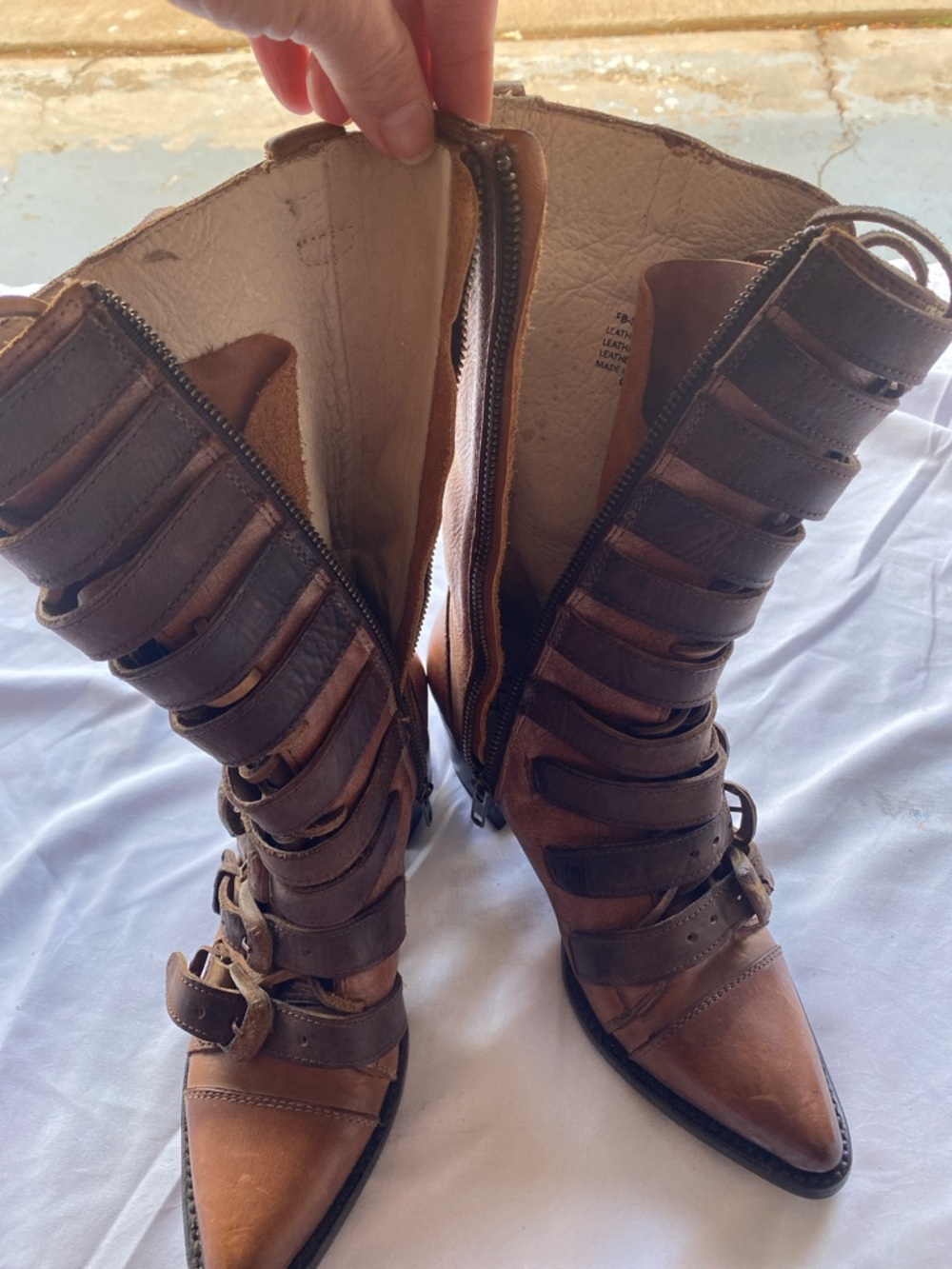 Freebird by Steven Brown Leather Strappy Pointed-Toe Heeled Boots